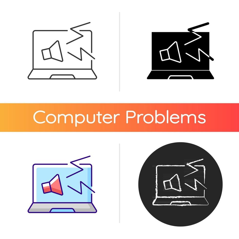 Computer makes strange noises icon. Loud sound from notebook. System issue symptom. Software failure on PC. Laptop problems. Linear black and RGB color styles. Isolated vector illustrations