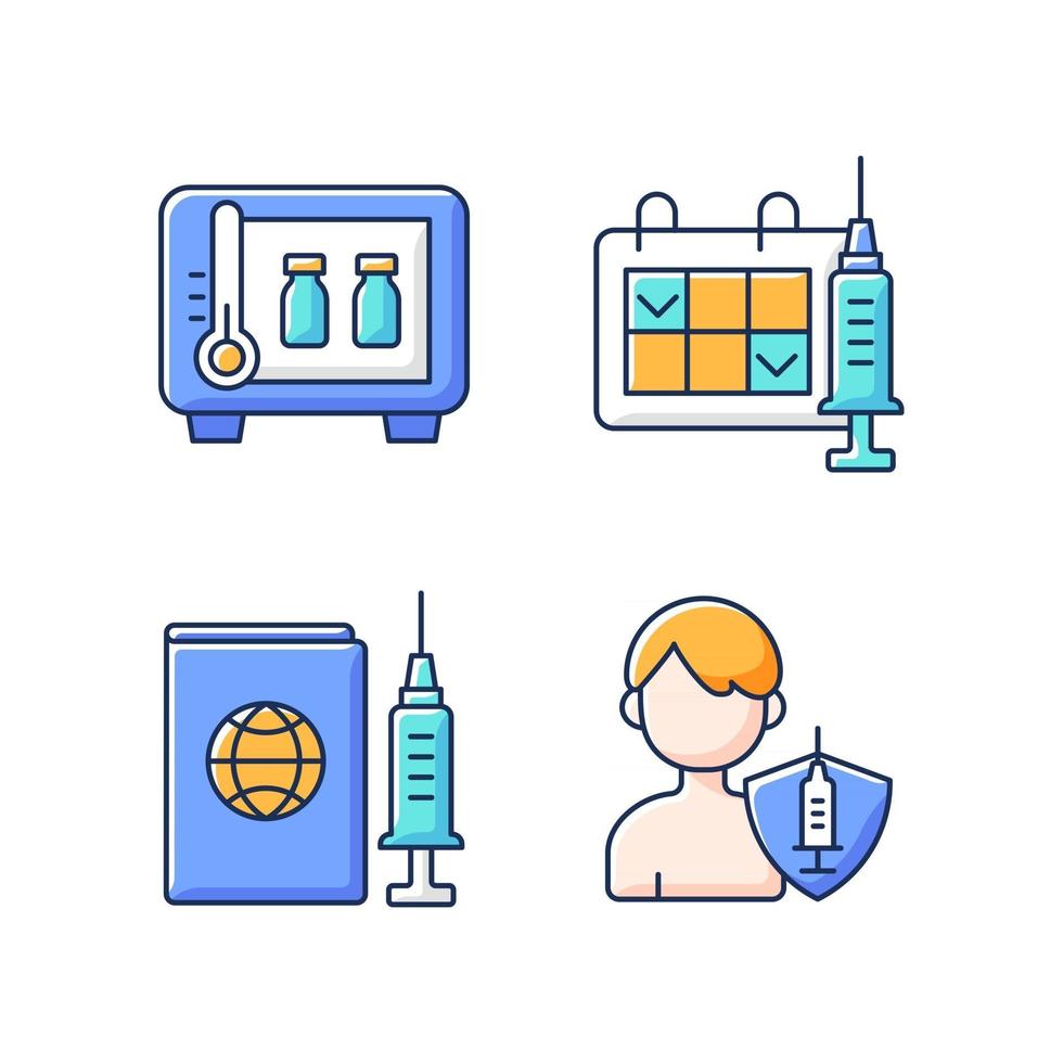 Vaccine shot RGB color icons set. Drug storage. Two dose vaccination. Vaccinated teen, child. Healthcare and medicine. Clinical treatment. Pharmaceutical medication. Isolated vector illustrations