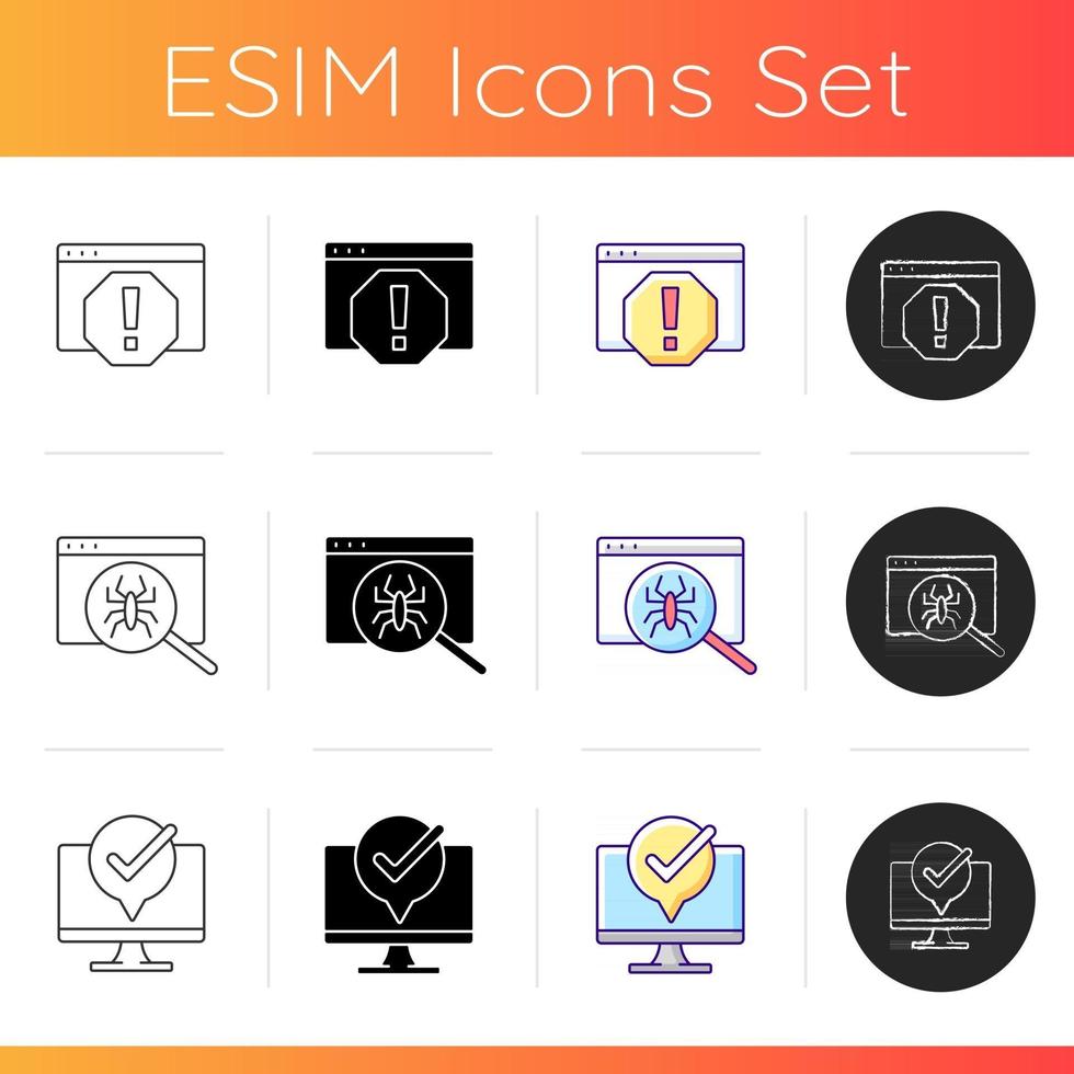 Computer issues icons set. System error window. Scan for viruses. PC maintenance. Repair service and technical support. Linear, black and RGB color styles. Isolated vector illustrations