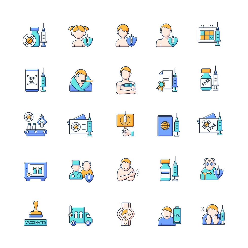 Conjunto de iconos de color rgb de vacunación y pasaporte covid. distribución de vacunas. inmunización del paciente. tratamiento de virus para diferentes grupos de edad. cuidado de la salud y medicina. ilustraciones vectoriales aisladas vector