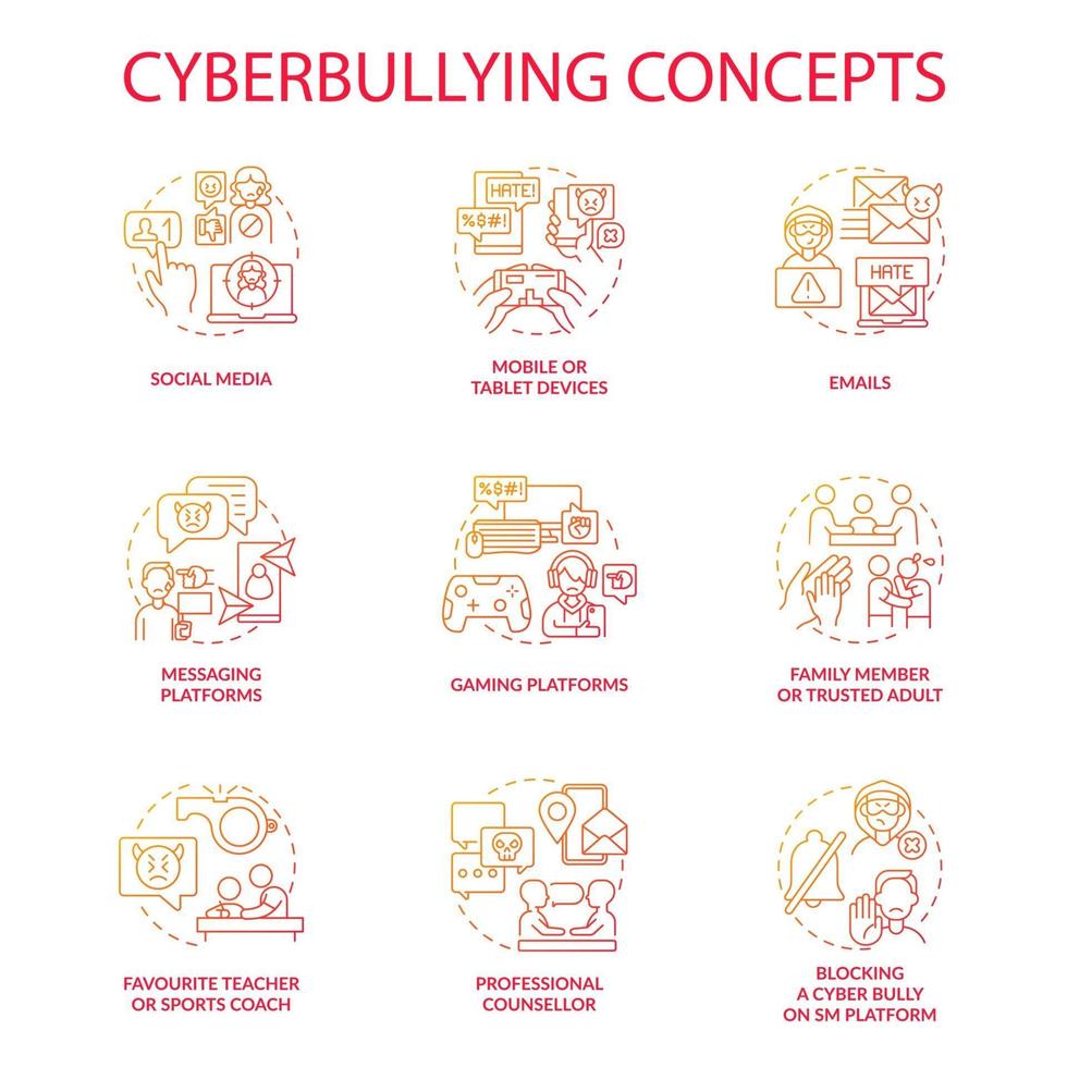 Cyberbullying concept icons set. Harassing people online idea thin line RGB color illustrations. Messaging, gaming platforms. Favourite teacher, sports coach. Vector isolated outline drawings