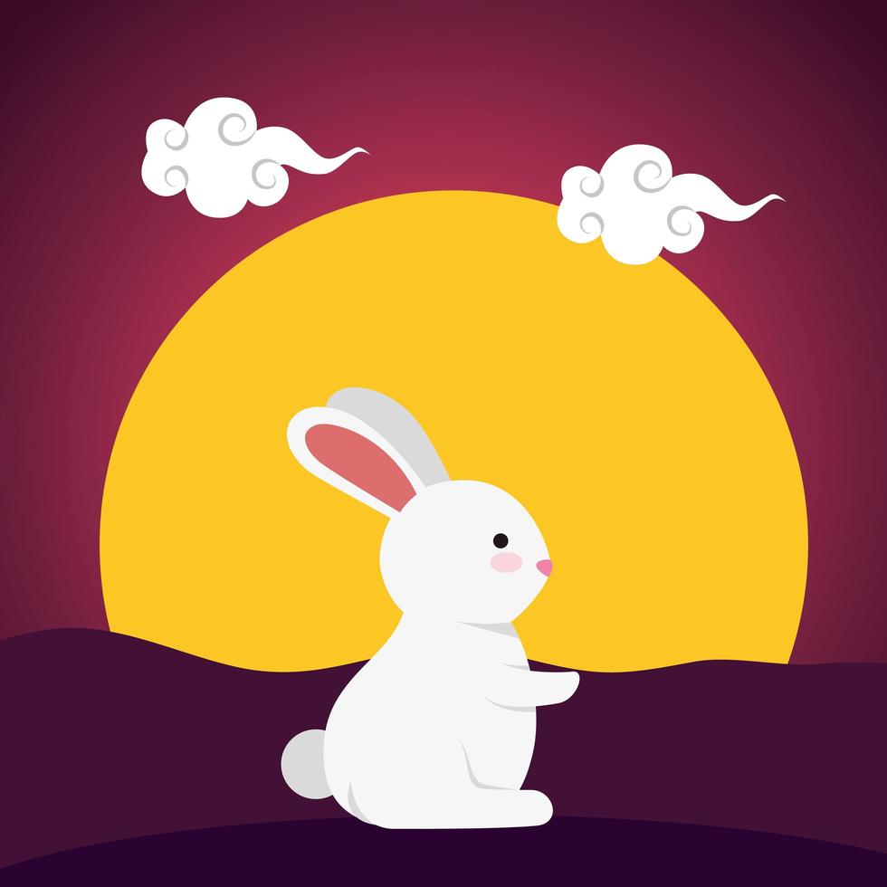 cute and little rabbit in the field sunset scene vector