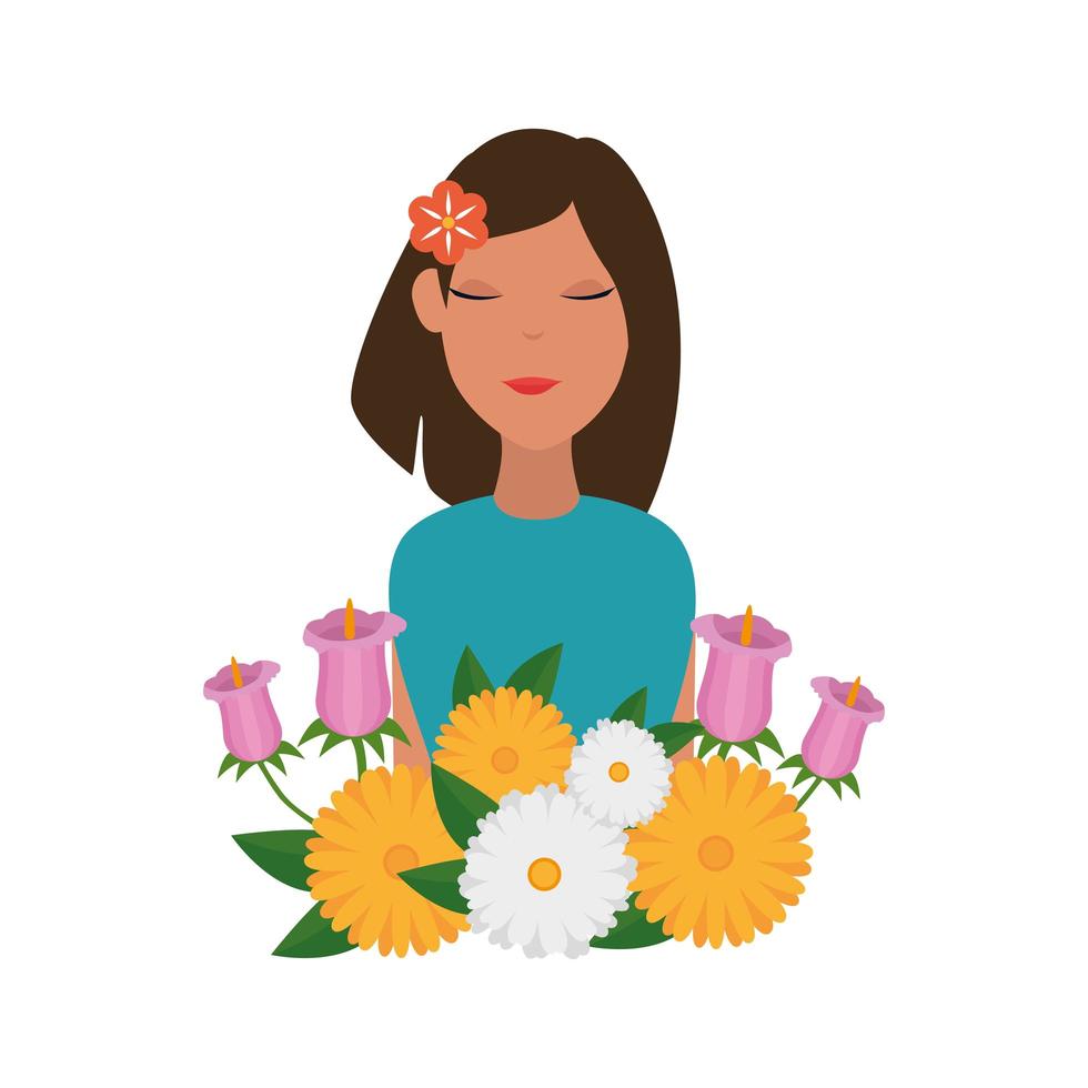 beautiful woman with flower in hair and roses garden vector
