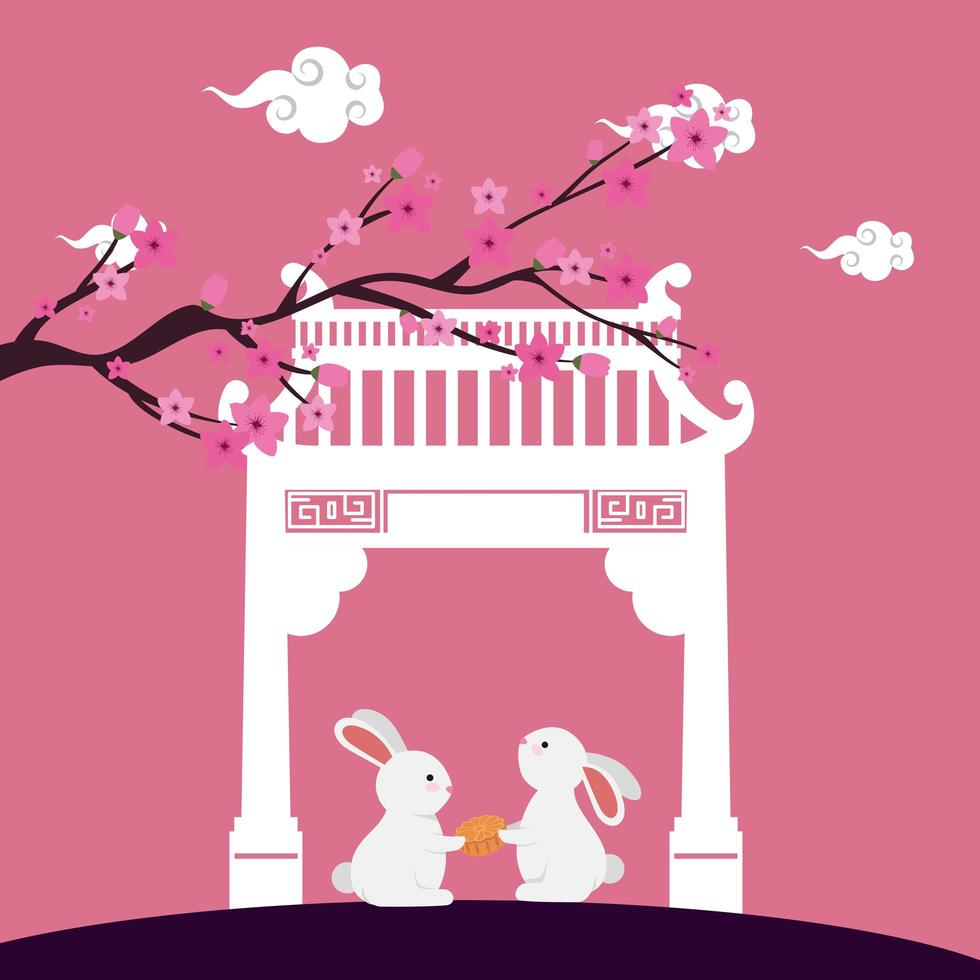 little rabbits with chinese arch and tree plant scene vector