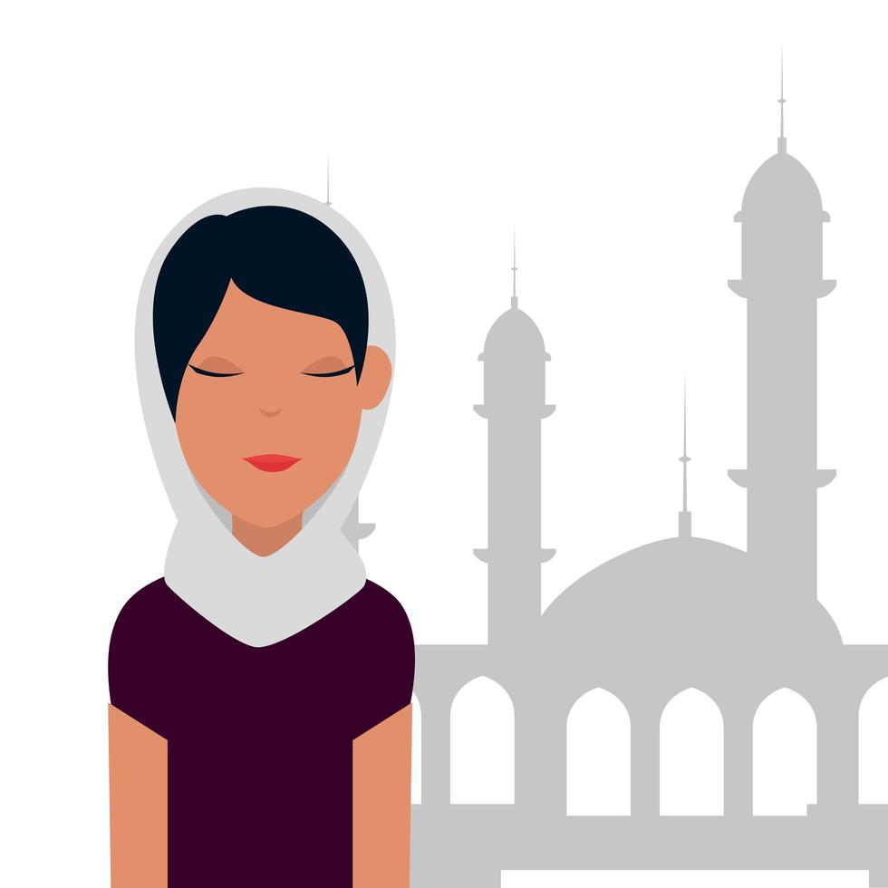 Mujer islámica con burka tradicional y edificio de mezquita. vector