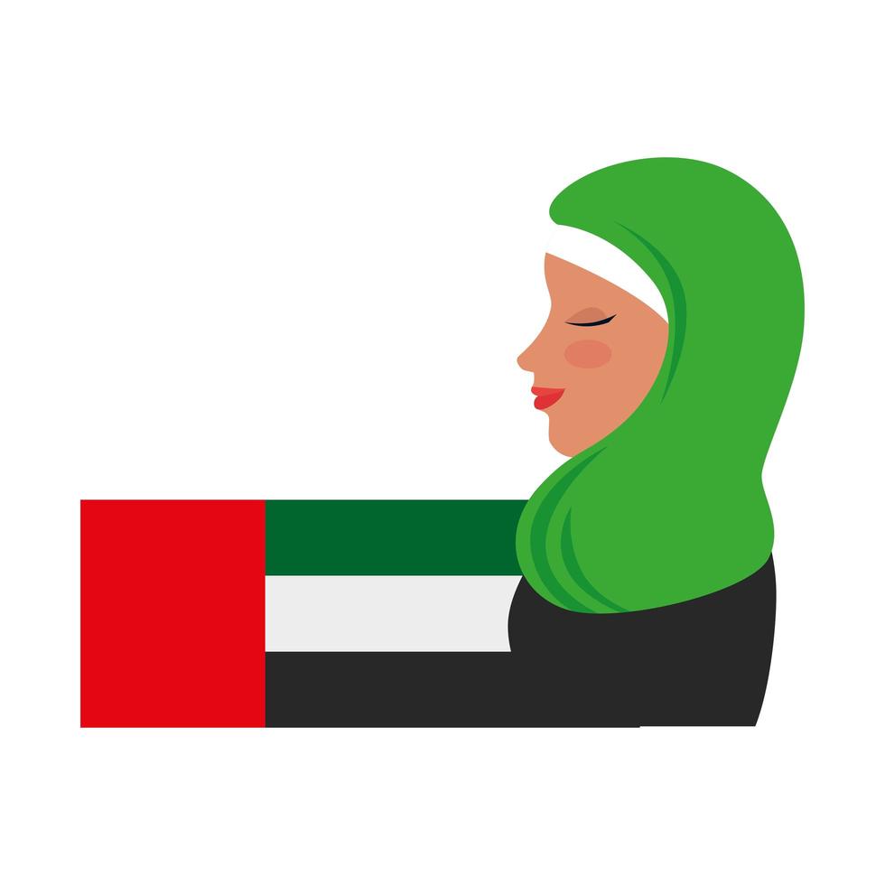 profile of islamic woman with traditional burka and arabia flag vector
