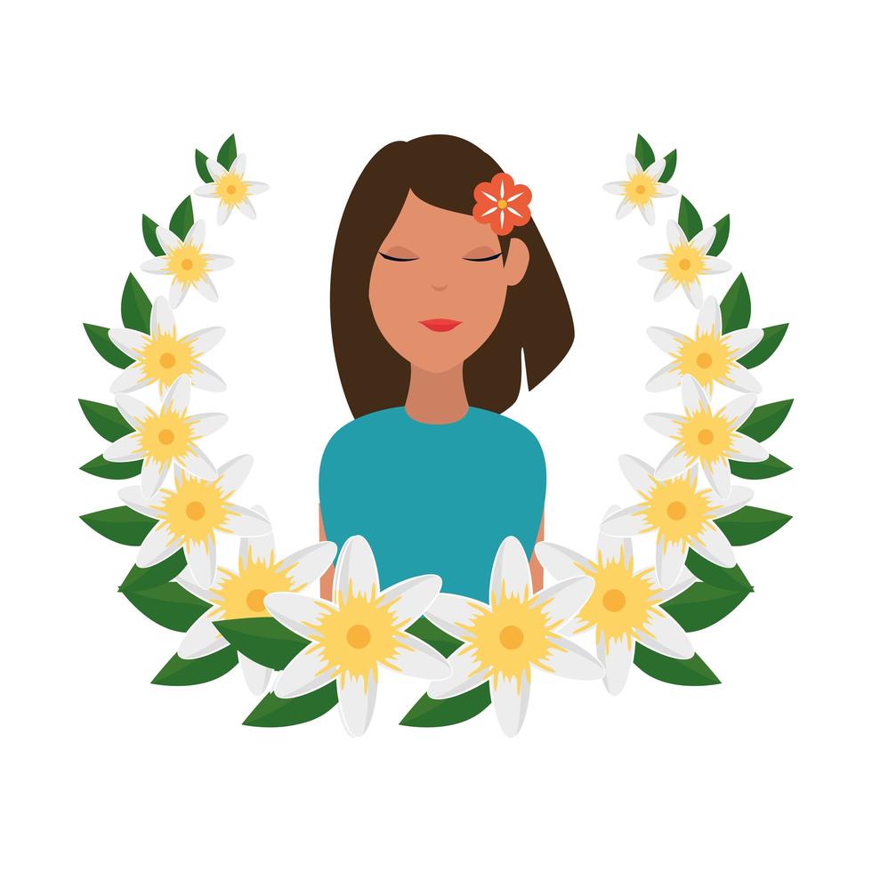 Bella mujer con flor en el pelo y guirnalda floral vector