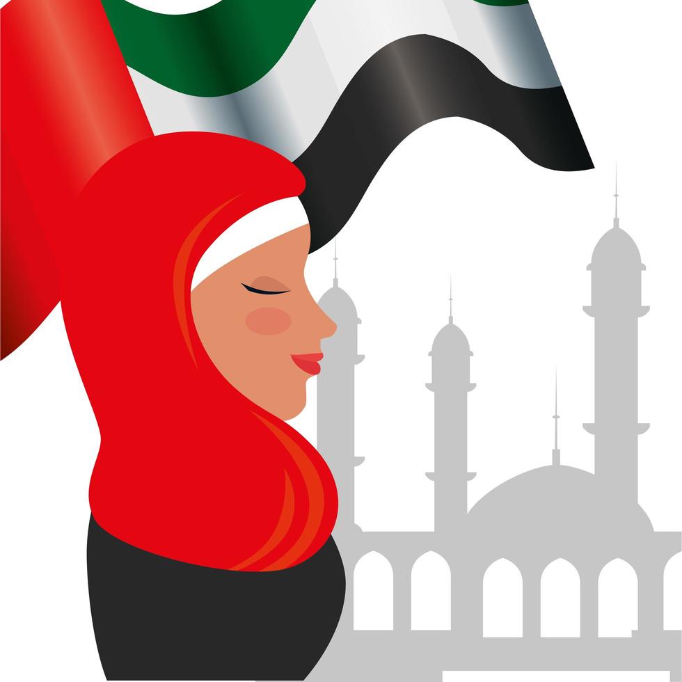 Perfil de mujer islámica con burka tradicional y bandera de Arabia en la mezquita vector