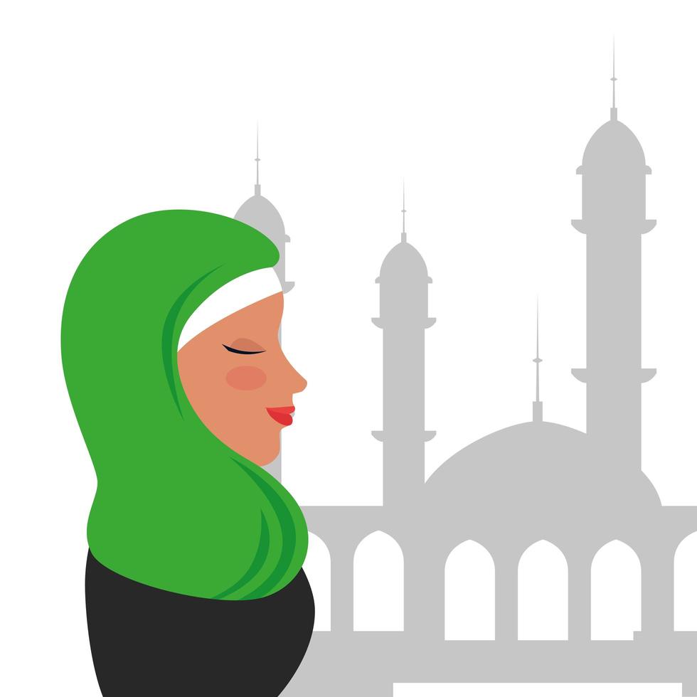 Perfil de mujer islámica con burka tradicional en mezquita vector