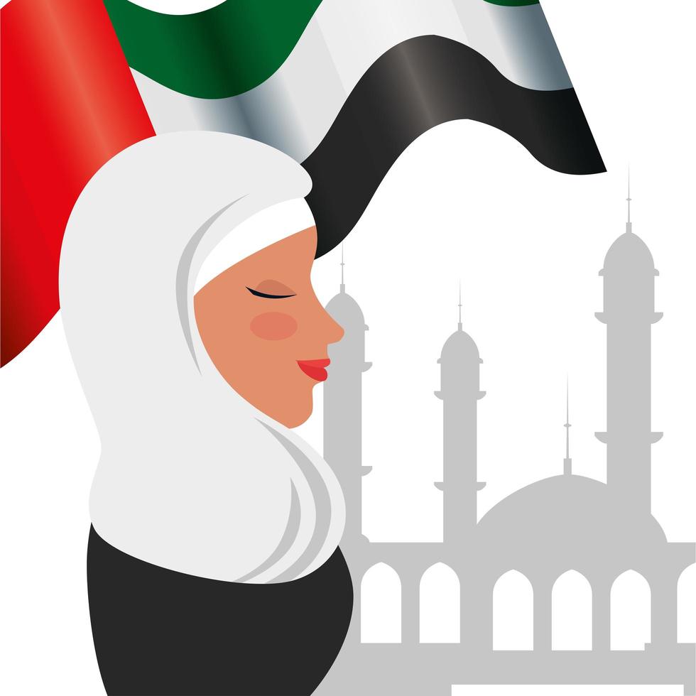 Perfil de mujer islámica con burka tradicional y bandera de Arabia en la mezquita vector