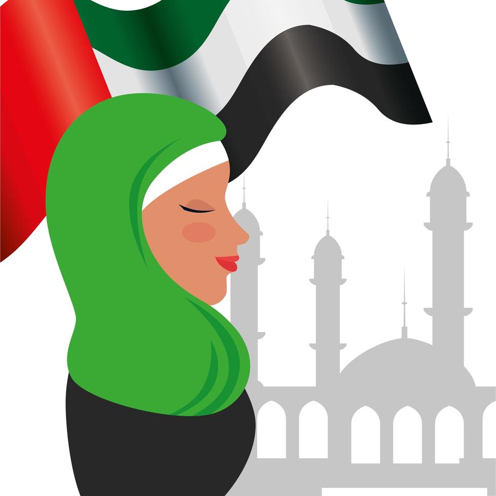 profile of islamic woman with traditional burka and arabia flag in mosque vector