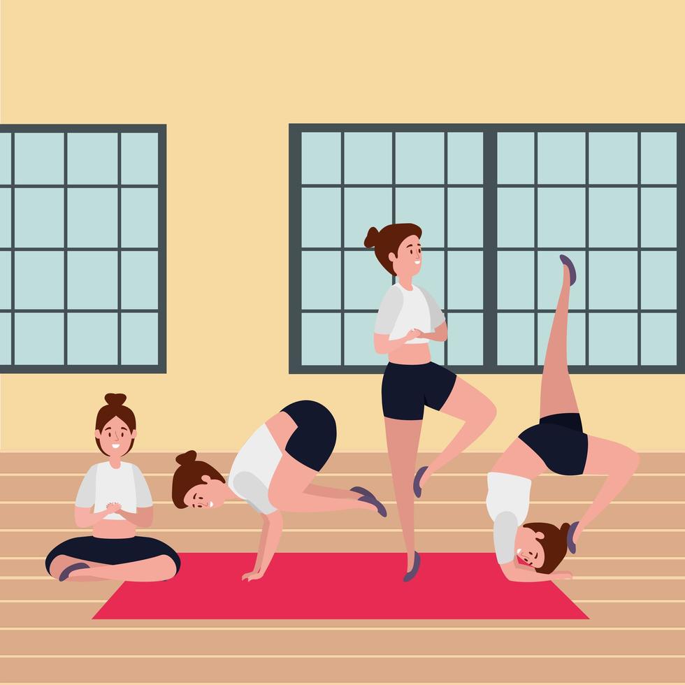 beauty girls group practicing pilates position in the gym vector