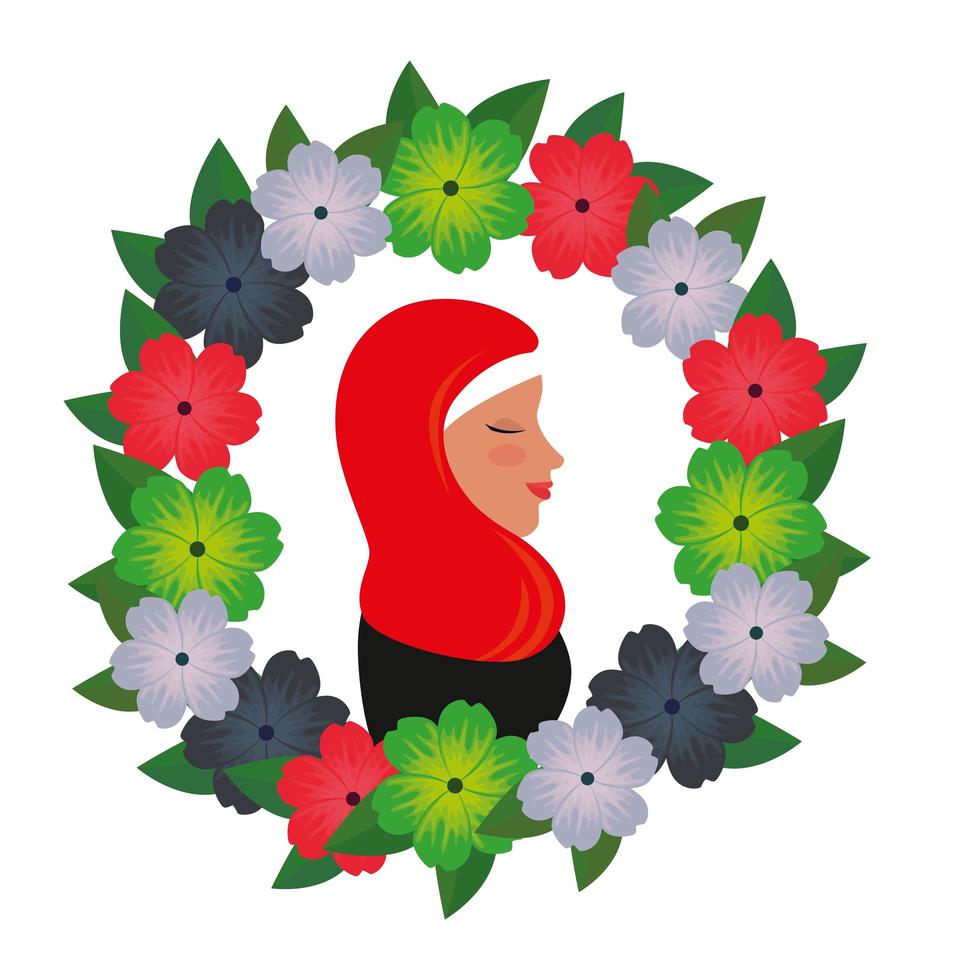 Perfil de mujer islámica con burka tradicional en ofrenda floral vector