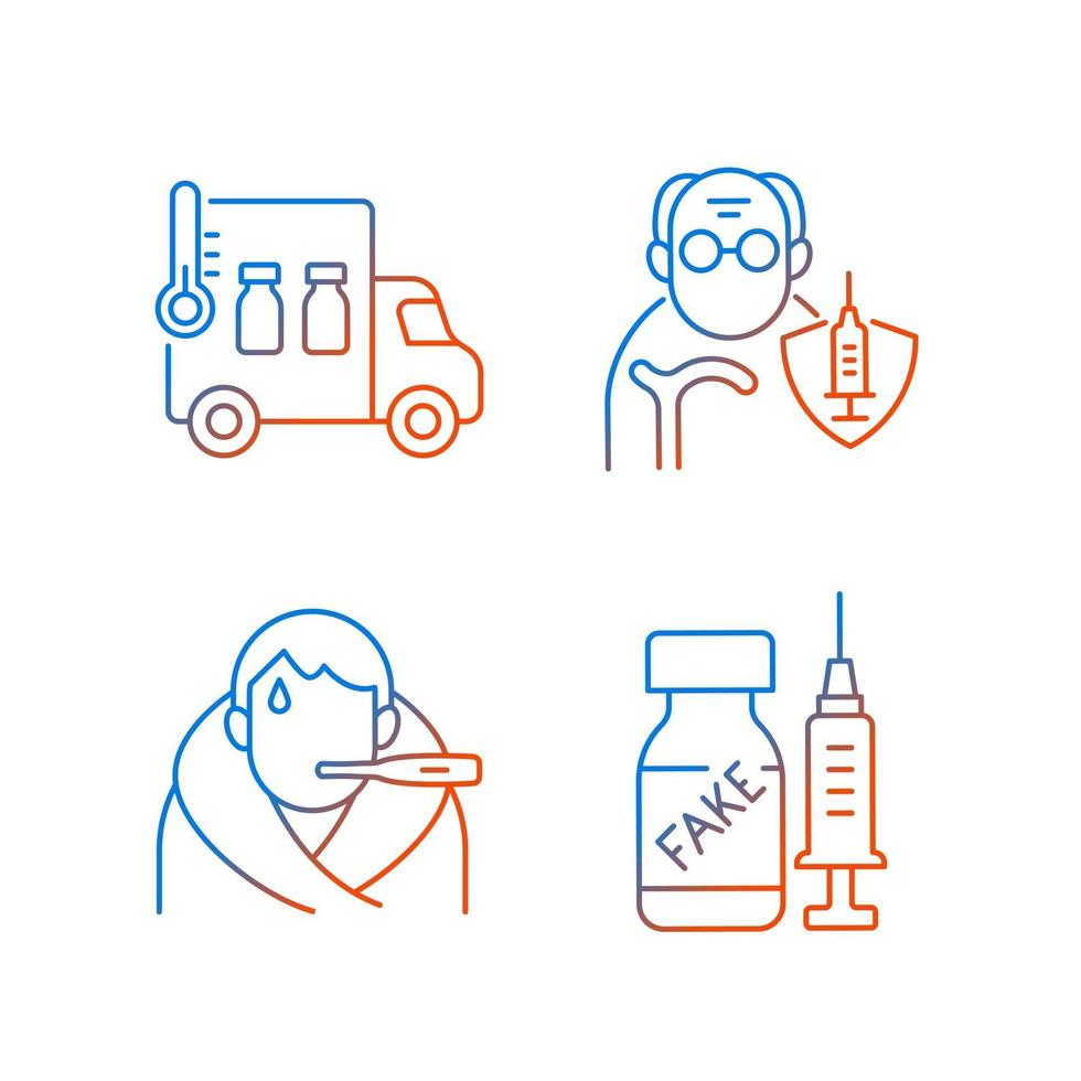 Covid spread prevention gradient linear vector icons set. Vaccine distribution. Senior patient immunization. Thin line contour symbols bundle. Isolated vector outline illustrations collection