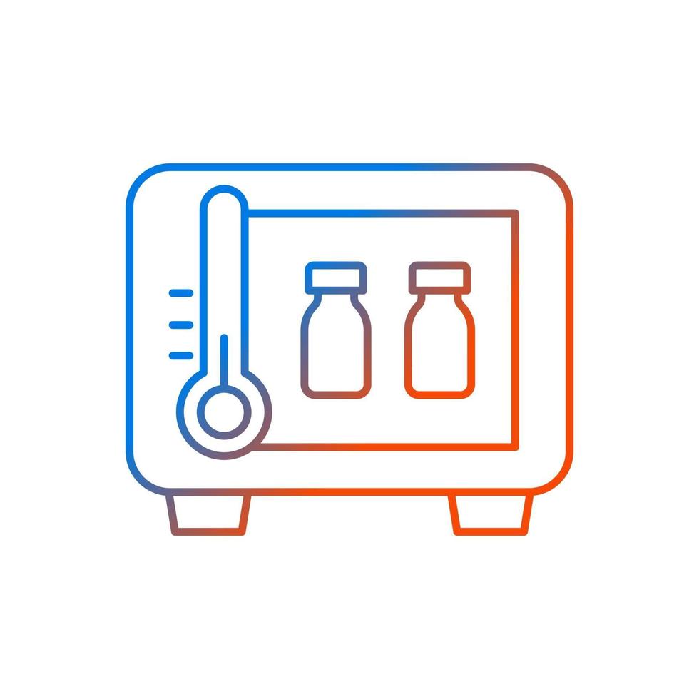 icono de vector lineal gradiente de almacenamiento de vacuna. refrigerador con viales de medicamentos. almacenamiento de suministros farmacéuticos. símbolos de color de línea fina. pictograma de estilo moderno. dibujo de contorno aislado vectorial