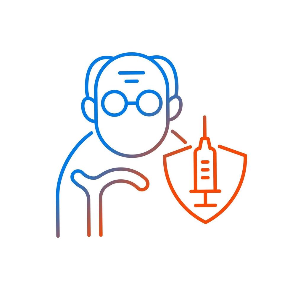 Vaccination of elderly people gradient linear vector icon. Priority list age group. Senior man for vaccine injection. Thin line color symbols. Modern style pictogram. Vector isolated outline drawing