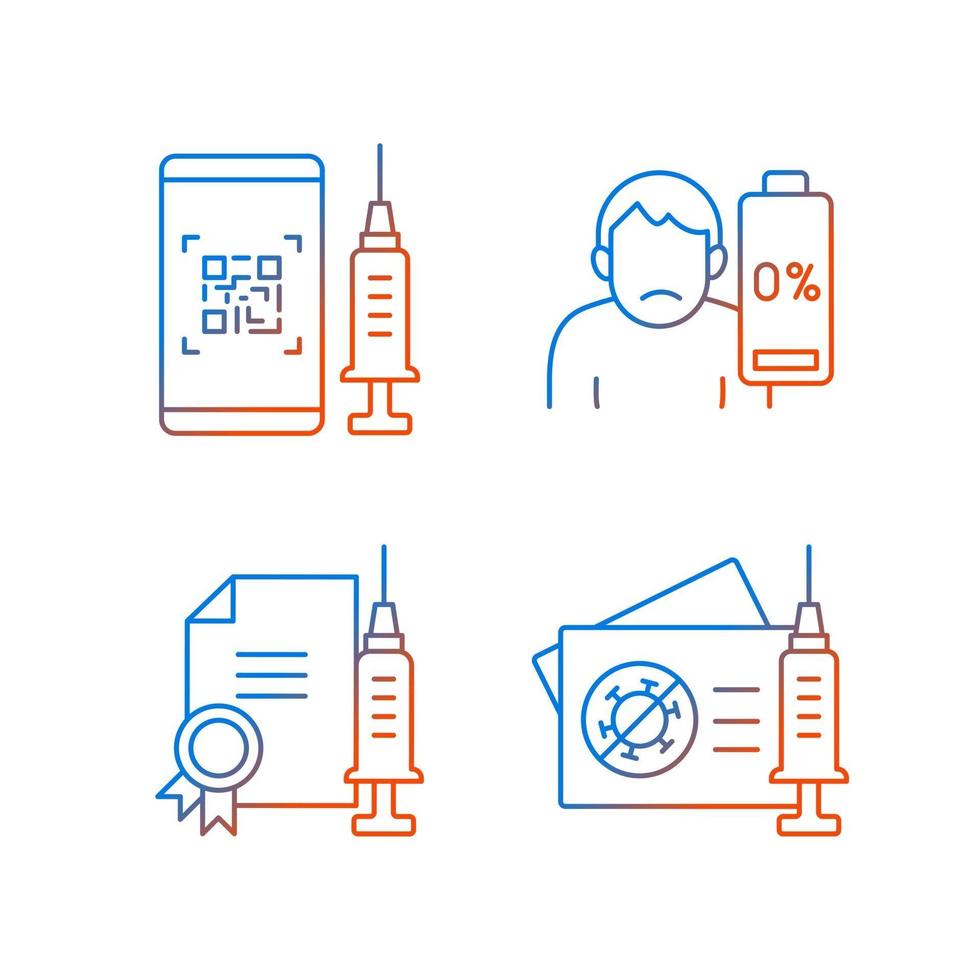 Covid vaccine quality gradient linear vector icons set. Mobile QR code for passport. Health care and medicine. Thin line contour symbols bundle. Isolated vector outline illustrations collection