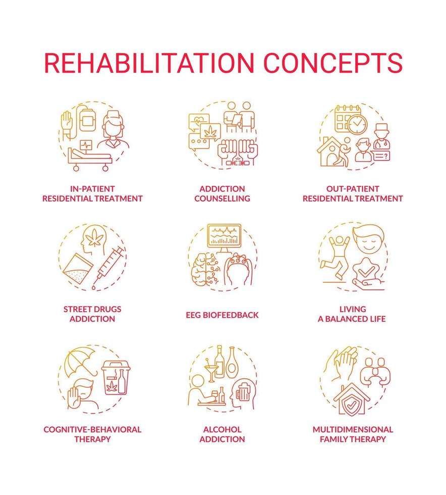 Rehabilitation concept icons set. Addiction recovery steps. Addiction medical treatment methods. Rehabilitation types idea thin line color illustrations. Vector isolated outline drawings