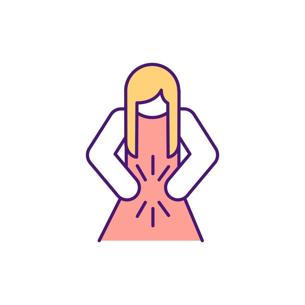 Body shaming RGB color icon. Stomach pain. Abdominal discomfort. Criticizing own appearance, body shape and weight. Digestive health. Constipation, diarrhea. Isolated vector illustration