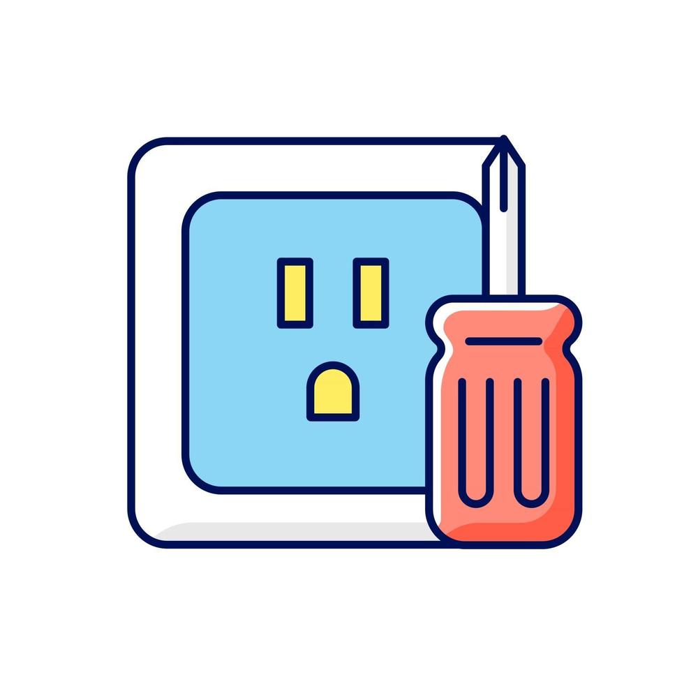 icono de color rgb de reparación de salida. enchufes y enchufes eléctricos. prueba de voltaje. conexión de dispositivos. Fijación de cables dañados. ilustración vectorial aislada. prevención de peligro de incendio simple dibujo de líneas llenas vector