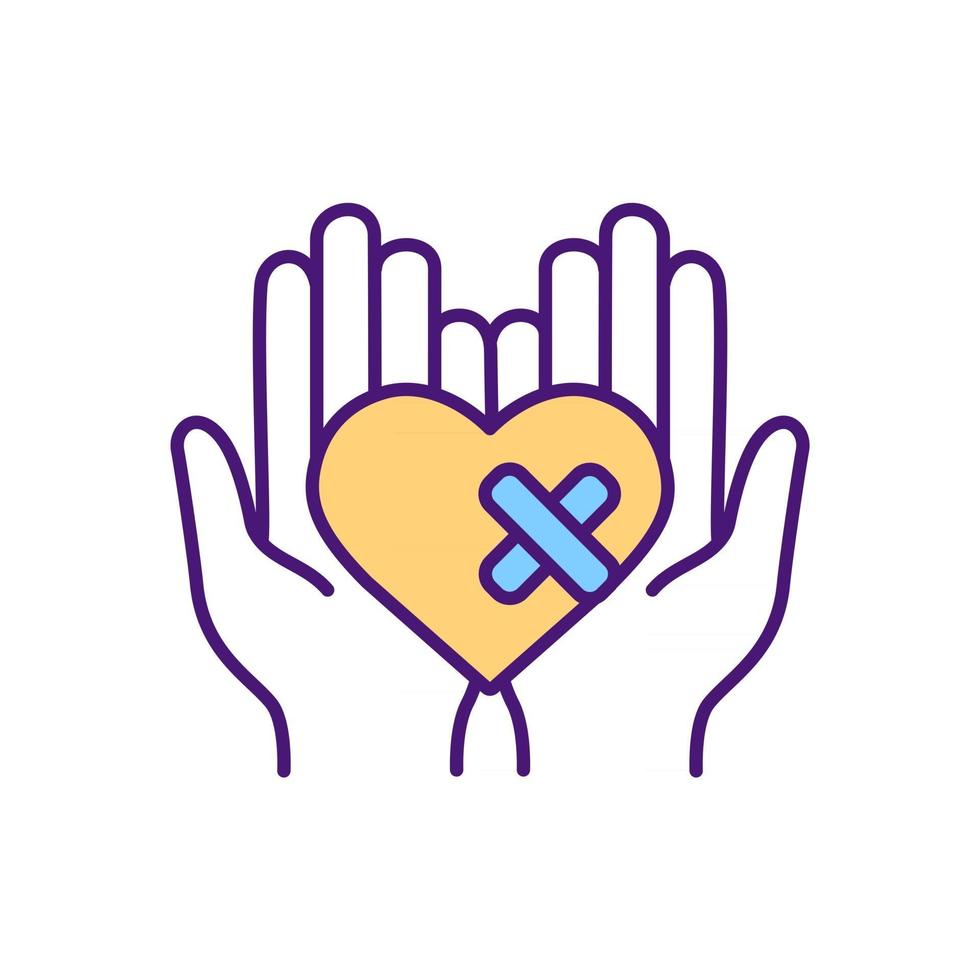 Healing broken heart RGB color icon. Physical, emotional pain treatment. Breakups, divorces. Mental health support. Heartbreak. Psychological wellbeing protection. Isolated vector illustration