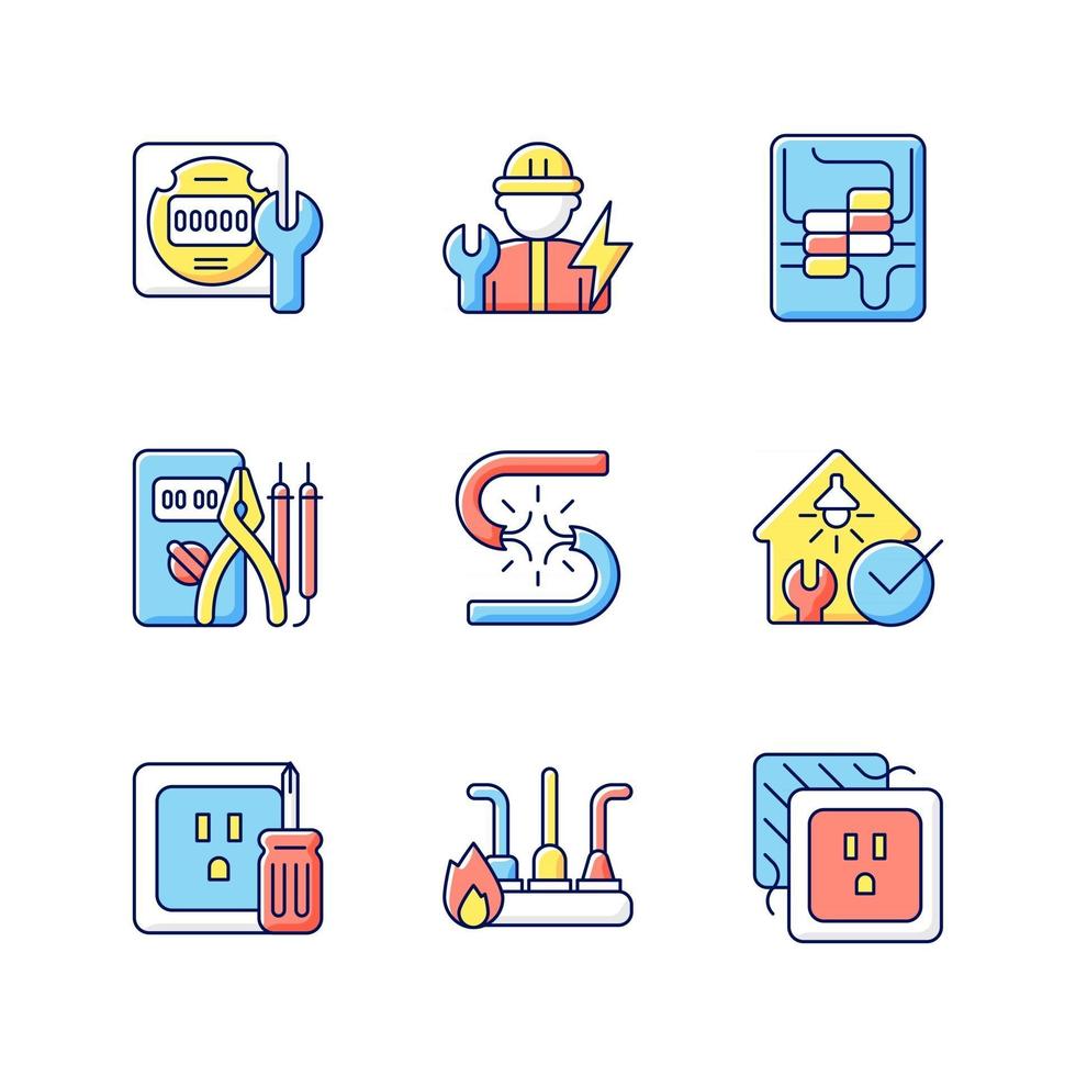 Electrician service RGB color icons set. Electrical meter repair