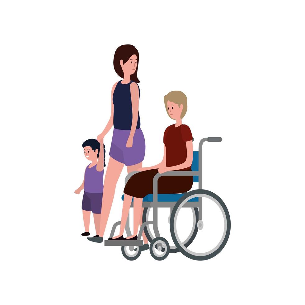 abuela en silla de ruedas con hija y nieta vector