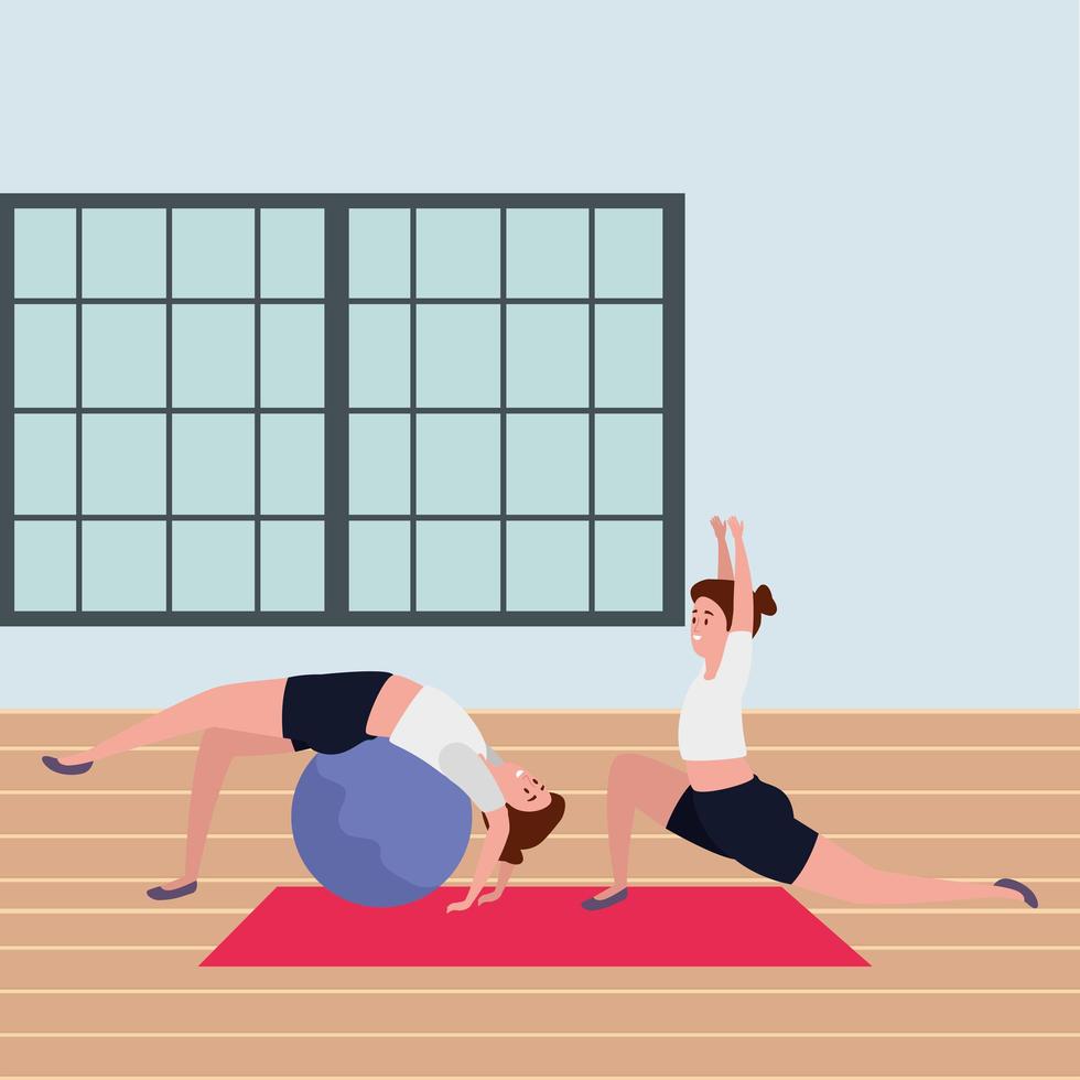 girls couple practicing pilates with balloon in the gym vector