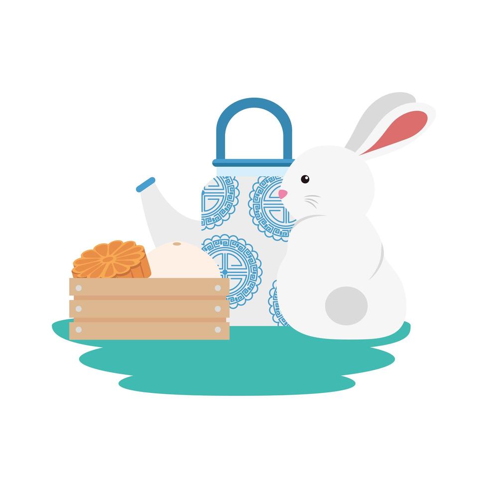 rabbit with teapot and food in wooden box vector