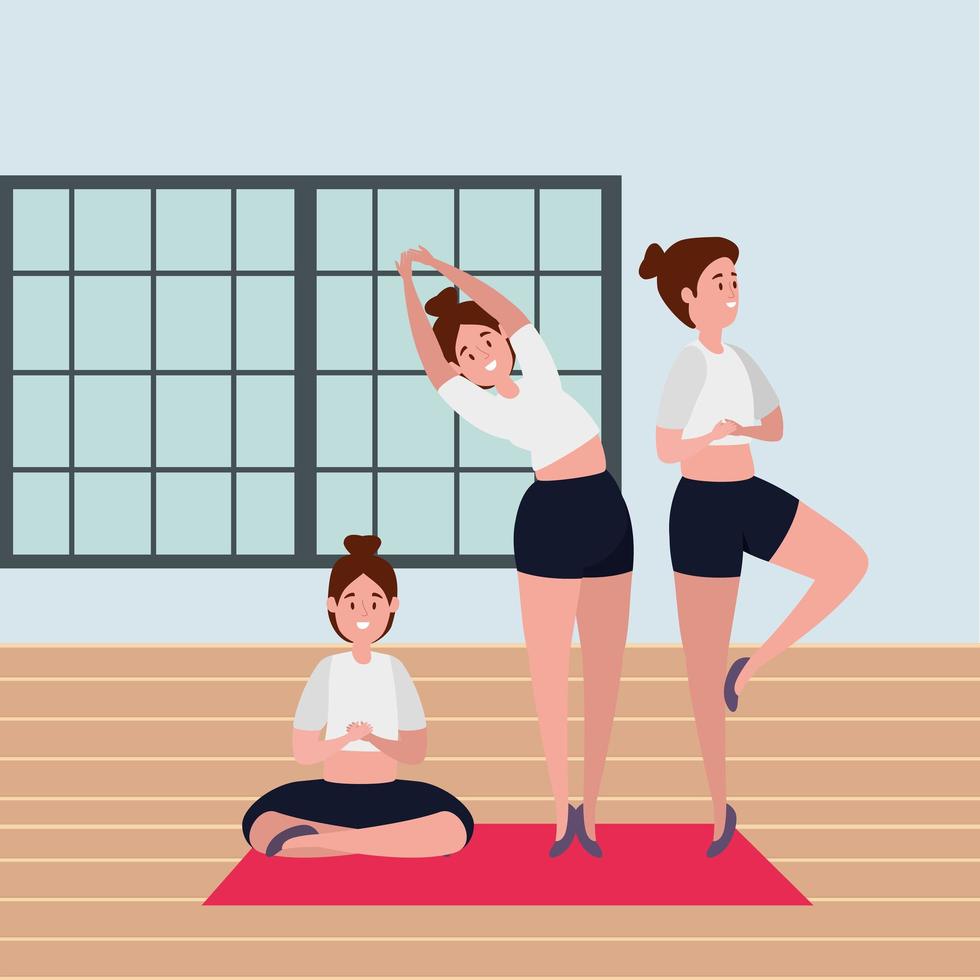 beauty girls group practicing pilates position in the gym vector
