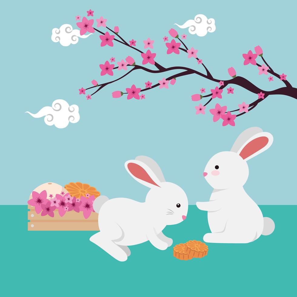rabbits couple with chinese tree branch and flowers vector