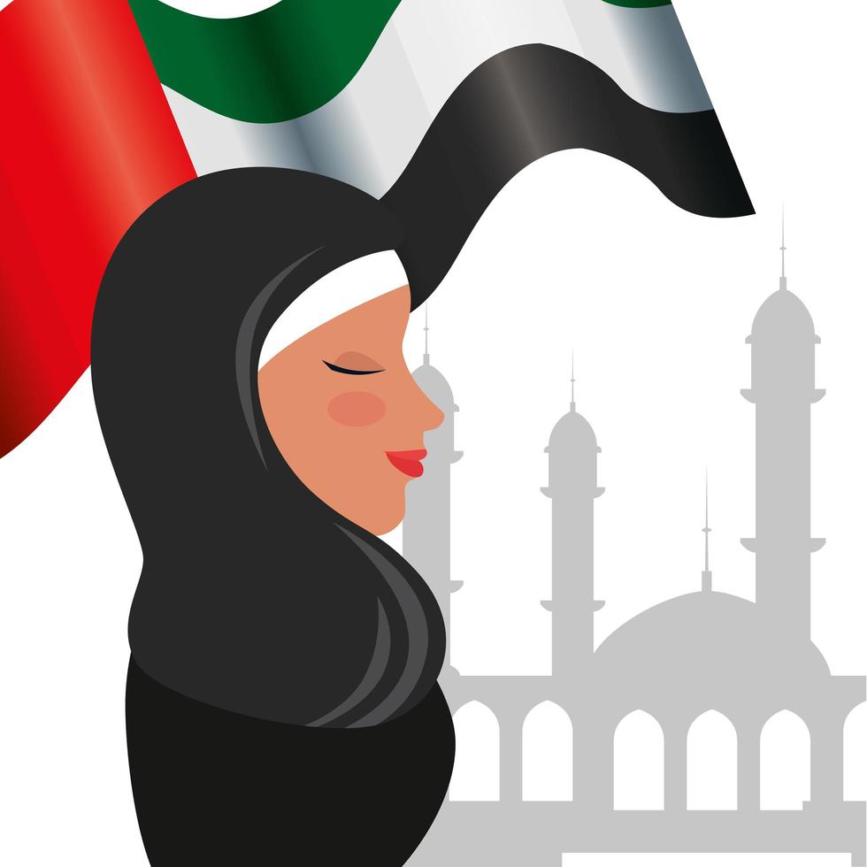 Perfil de mujer islámica con burka tradicional y bandera de Arabia en la mezquita vector