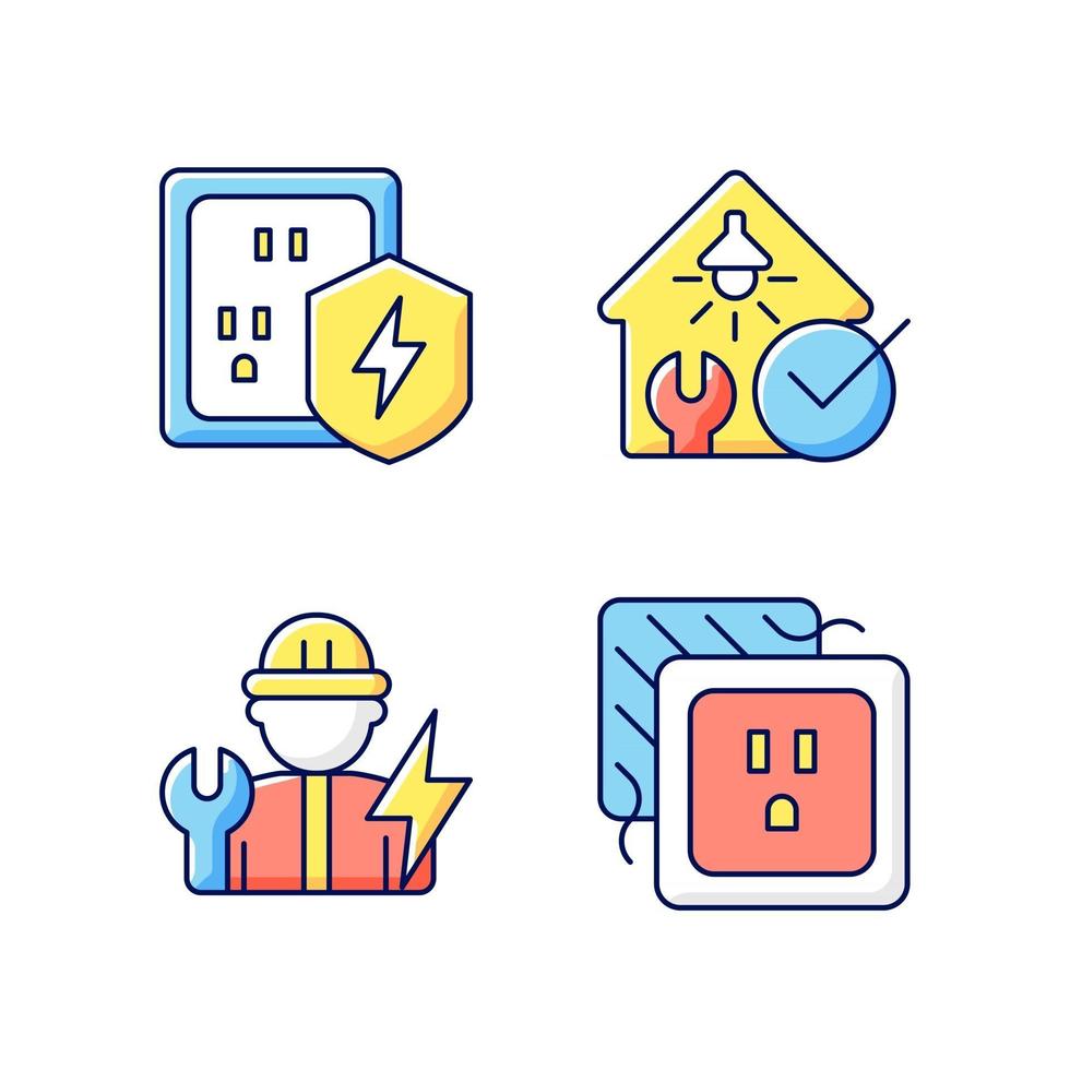 Electrician service RGB color icons set. Surge protection. Electrical safety inspection. Isolated vector illustrations. Operating with electric devices simple filled line drawings collection