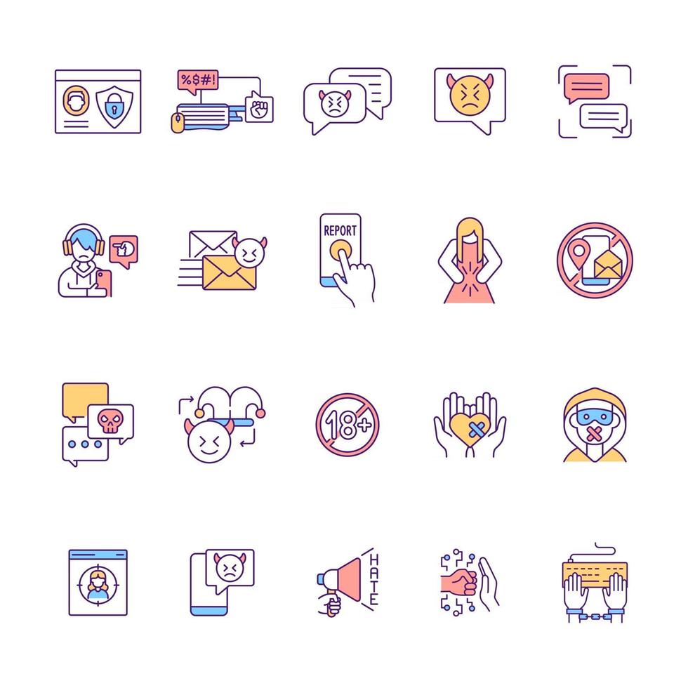 Cyberharassment RGB color icons set. Security option. Anonymity in online interactions. Text bullying. Social media threat for adolescents. Cyberstalking prevention. Isolated vector illustrations