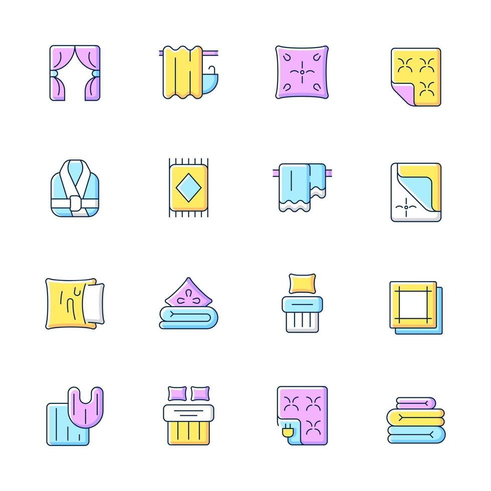 Textile products RGB color icons set. Home wear. Bedroom, kitchen interior decoration. Household cloth. Isolated vector illustrations. Domestic material item simple filled line drawings collection