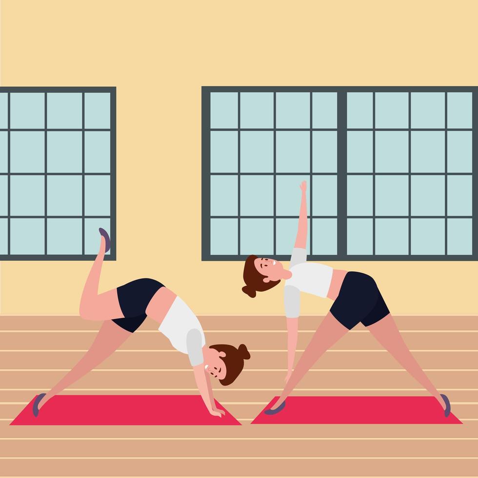 beauty girls couple practicing pilates position in the gym vector