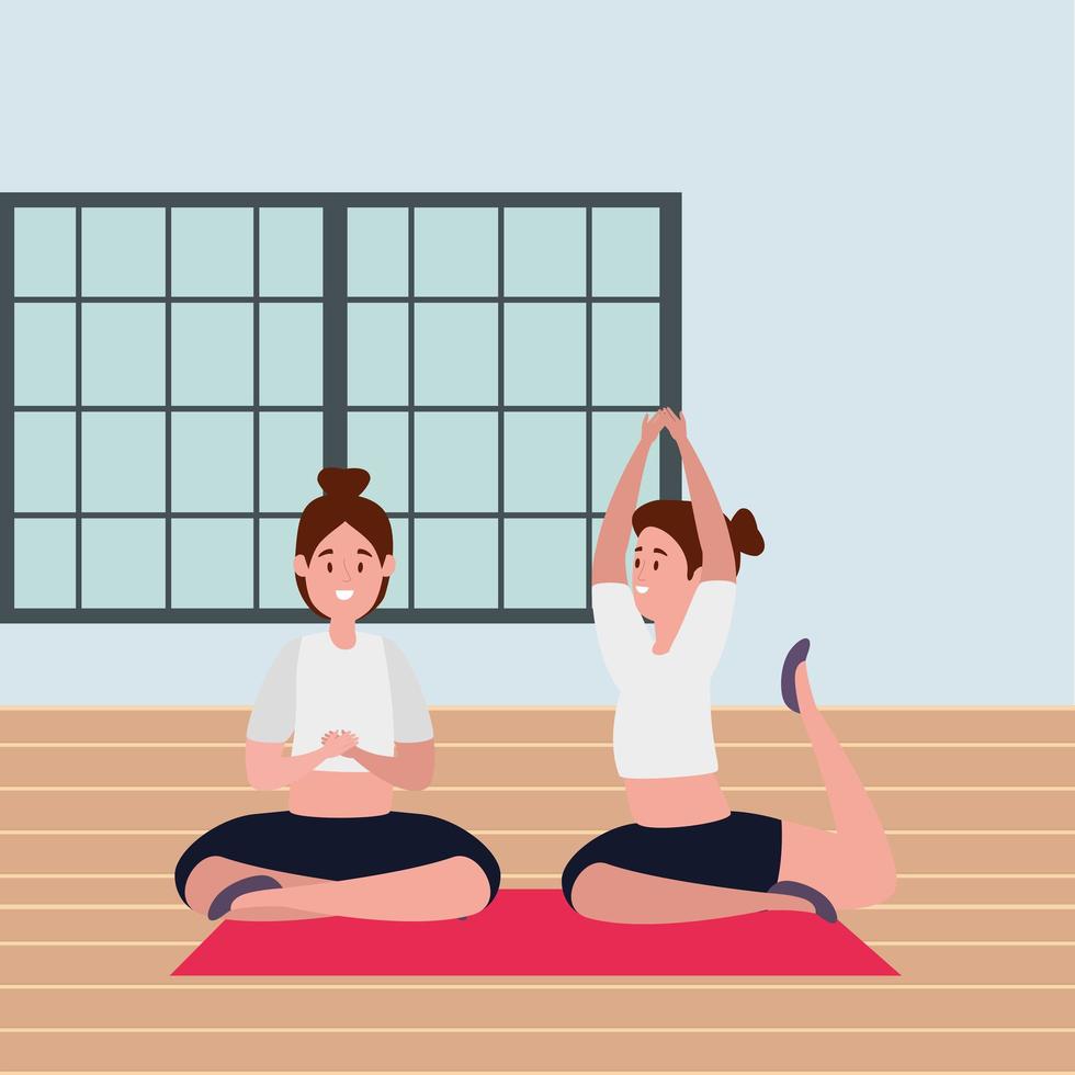 beauty girls couple practicing pilates position in the gym vector