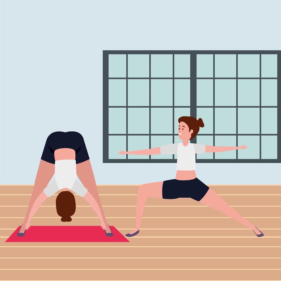 pareja de chicas de belleza practicando pilates posición en el gimnasio vector