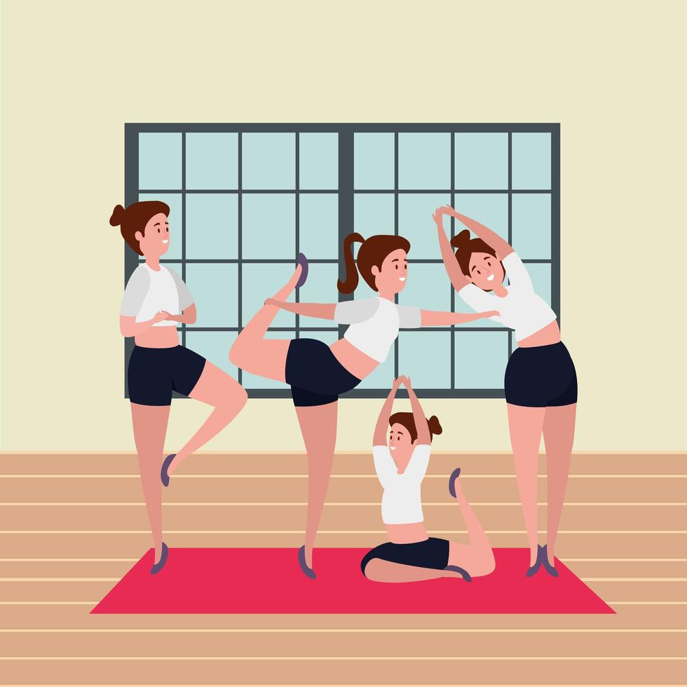 Grupo de chicas de belleza practicando la posición de pilates en el gimnasio. vector