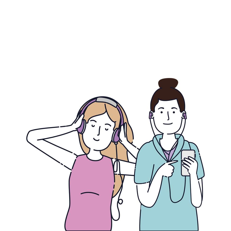 young girls listen music with earphones and player vector