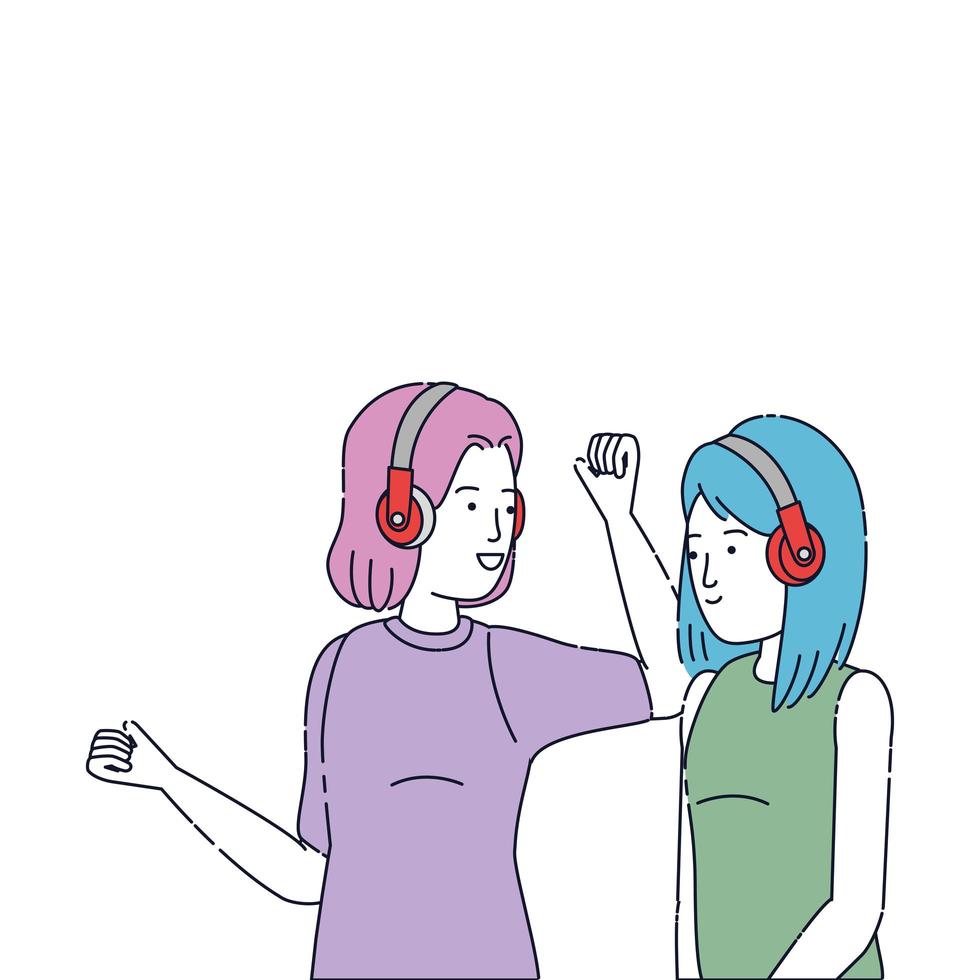 chicas jóvenes escuchan música con auriculares y reproductor vector