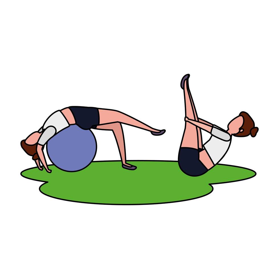 beauty girls couple practicing pilates with balloon in grass vector