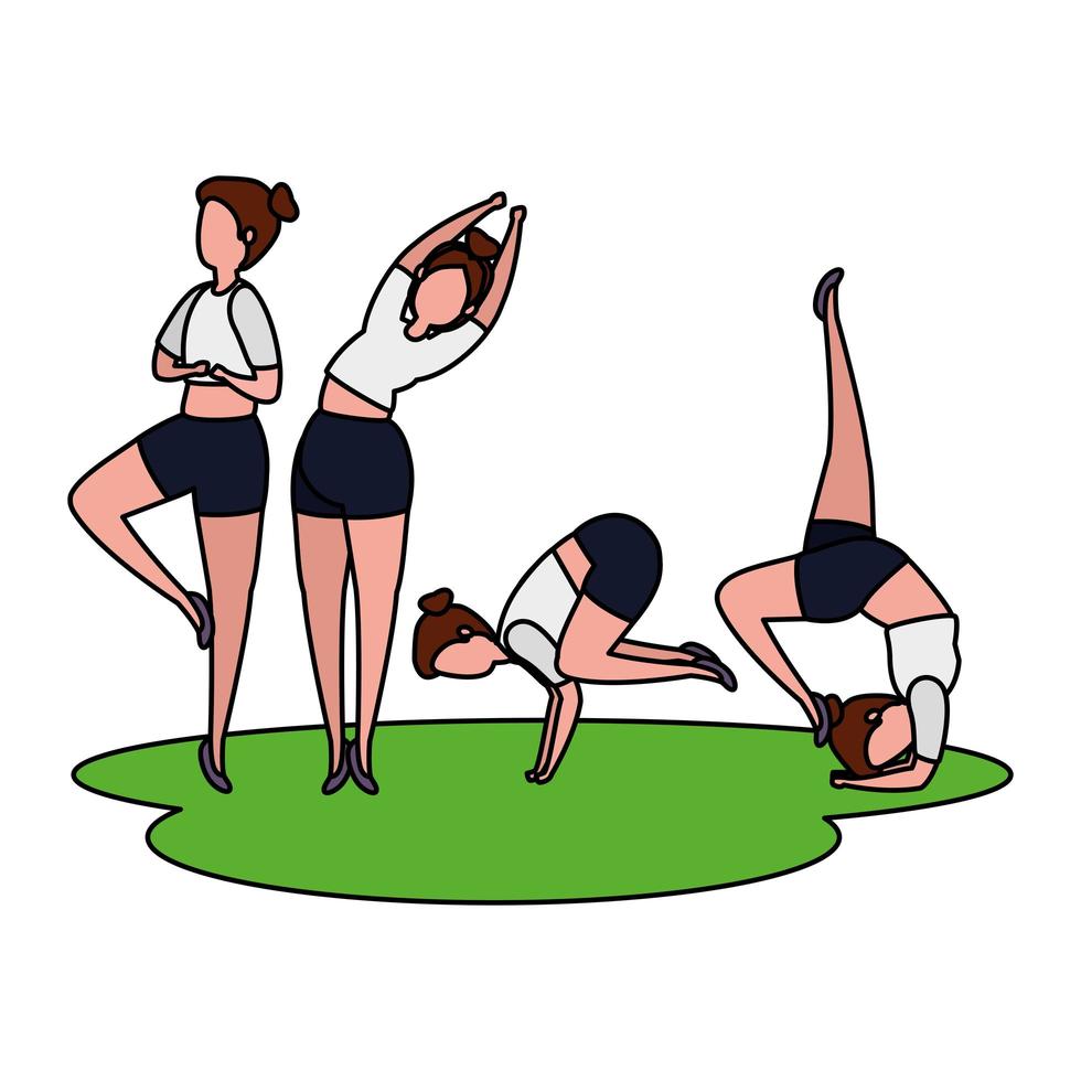 beauty girls group practicing pilates in the grass vector