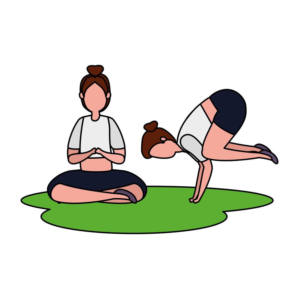 beauty girls couple practicing pilates in grass vector