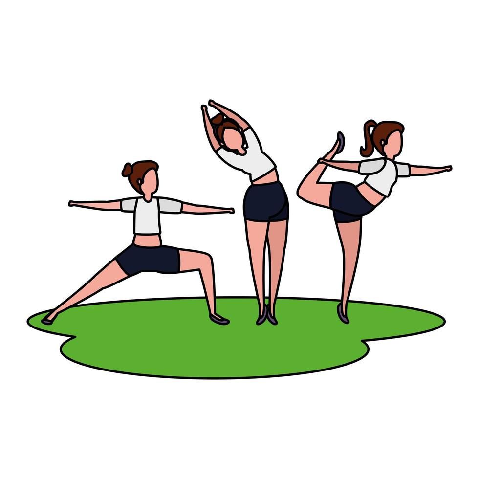 beauty girls group practicing pilates in the grass vector