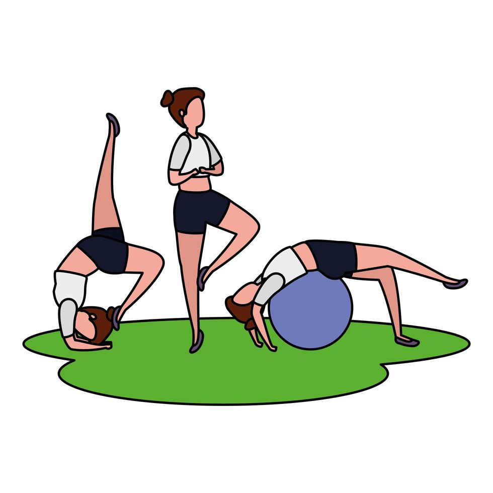 girls group practicing pilates with balloon in grass vector