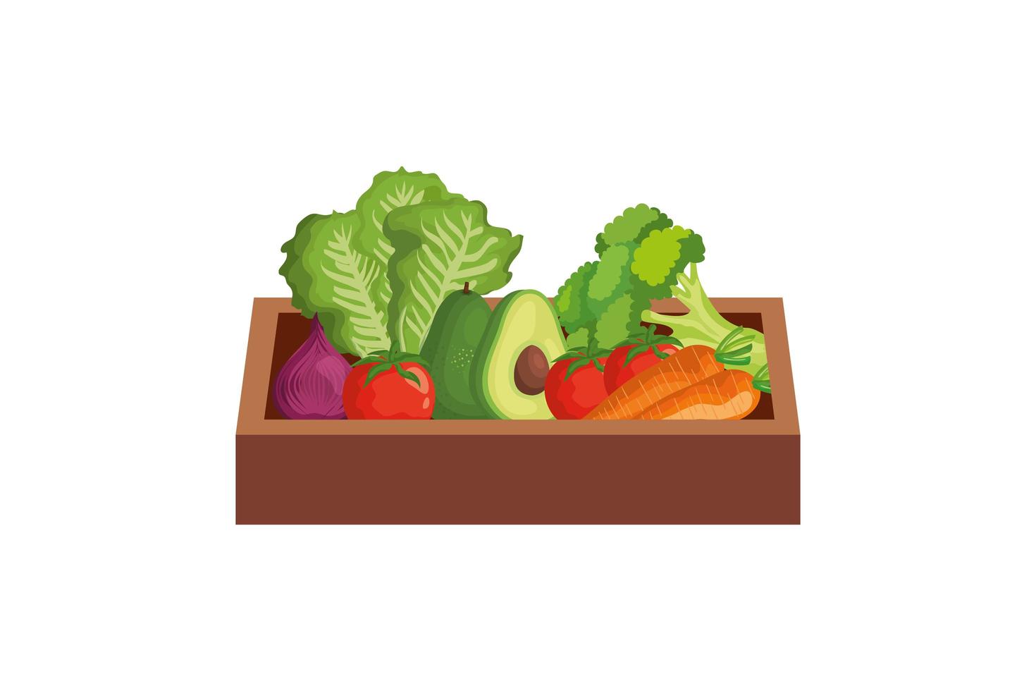 Vegetales saludables en caja de madera icono aislado vector