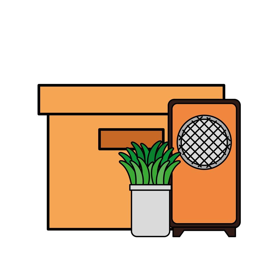 speaker sound with houseplant and box carton vector