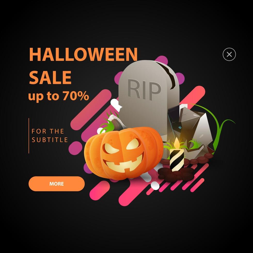 Halloween sale, pop up window for website with tombstone and pumpkin Jack vector