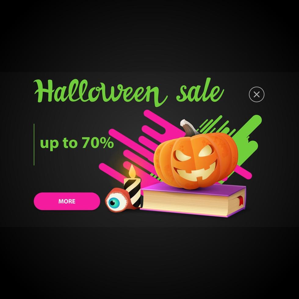 Halloween sale, pop up window for website with spell book and pumpkin Jack vector